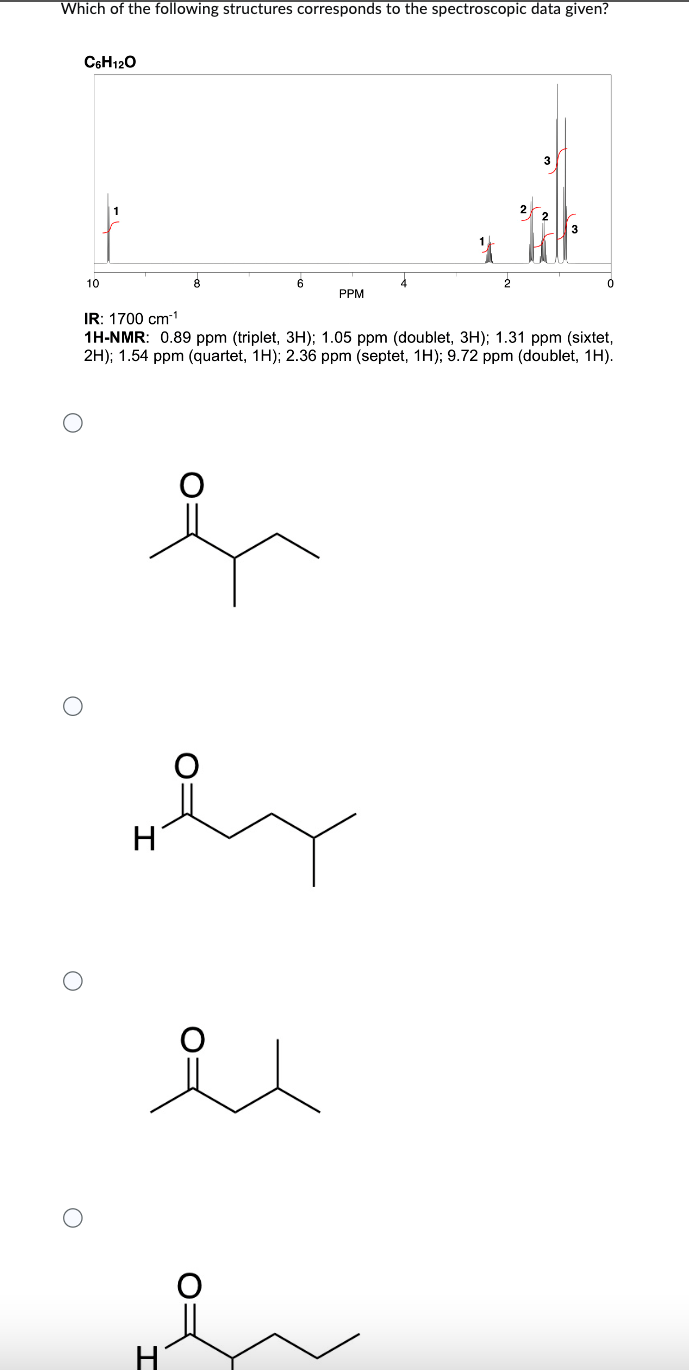 Which Of The Following Structures Corresponds To The Spectroscopic Data Given C6h12o O 10 Ir 1700 Cm 1h Nmr 0 89 Pp 1