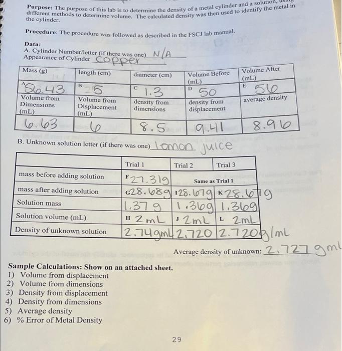 2 Using The Density Principle Conclusions The Average Density Of The Metal In Part A Was 89 The Metal Was Identifi 2