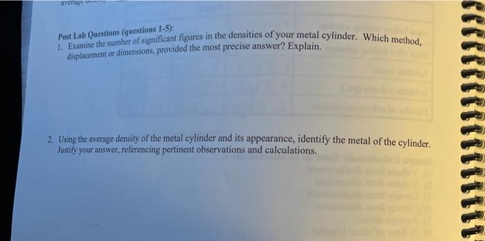 Average Y Post Lab Questions Questions 1 5 1 Examine The Number Of Significant Figures In The Densities Of Your Meta 1