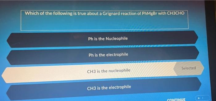 Which Of The Following Is True About A Grignard Reaction Of Phmgbr With Ch3cho Ph Is The Nucleophile Ph Is The Electroph 1