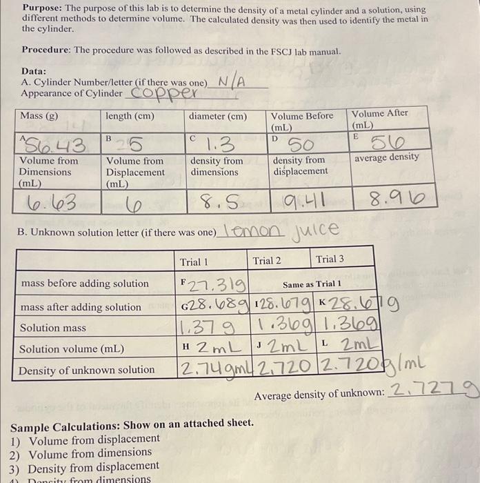 Purpose The Purpose Of This Lab Is To Determine The Density Of A Metal Cylinder And A Solution Using Different Methods 1