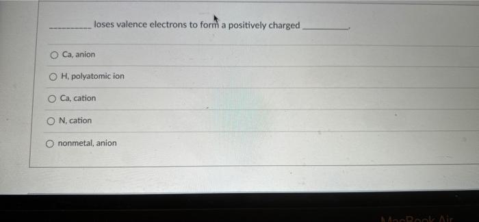 Loses Valence Electrons To Form A Positively Charged Ca Anion H Polyatomic Ion Ca Cation On Cation O Nonmetal Ani 1
