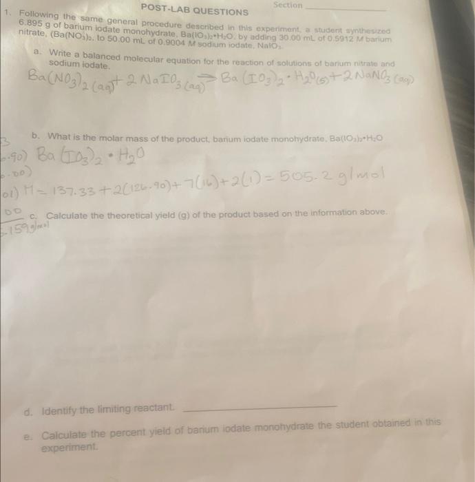 Section Post Lab Questions 1 Following The Same General Procedure Described In This Experiment A Student Synthesized 6 1