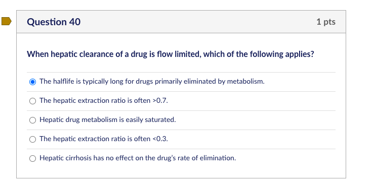 Question 40 When Hepatic Clearance Of A Drug Is Flow Limited Which Of The Following Applies The Halflife Is Typically 1