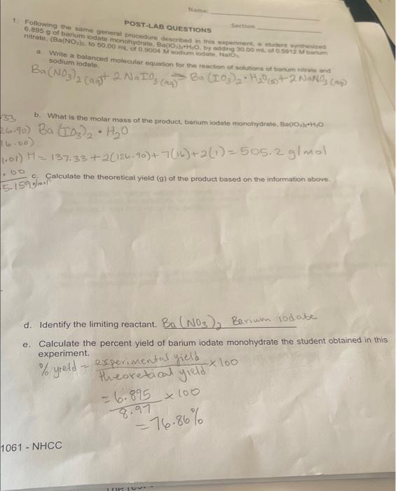 Section Post Lab Questions 1 Following The Same General Procedure Described In This Experiment A Student Syre Nig Of B 1