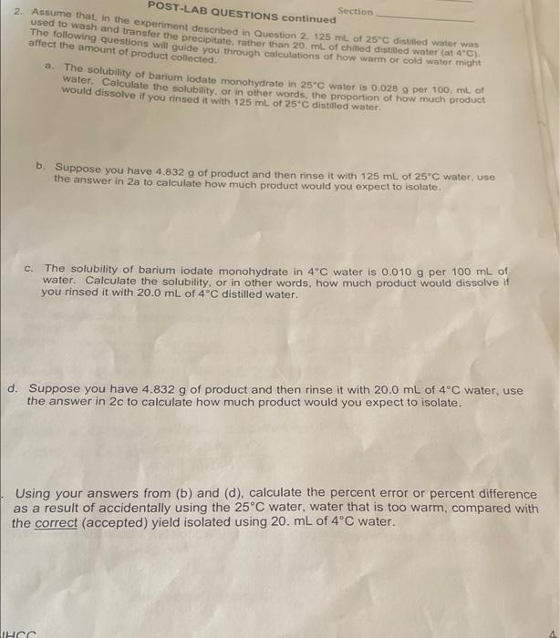 2 Section Post Lab Questions Continued Assume That In The Experiment Described In Question 2 125 Ml Of 25 C Distilled 1