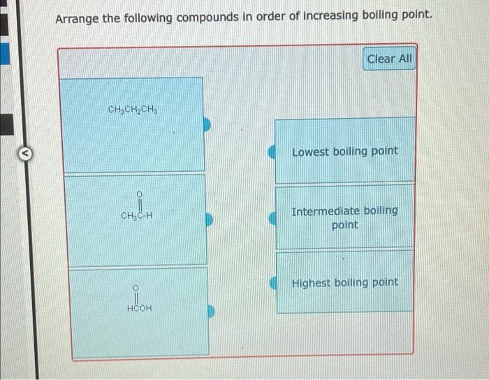 Arrange The Following Compounds In Order Of Increasing Boiling Point Ch Ch Ch3 Ch C H Hcoh Clear All Lowest Boiling Poi 1