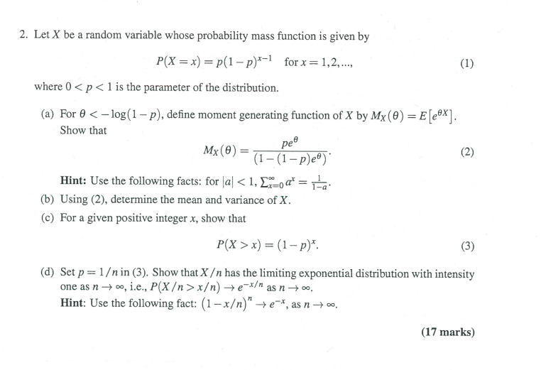 Pe 2 Let X Be A Random Variable Whose Probability Mass Function Is Given By P X X P 1 P 1 For X 1 2 1 1