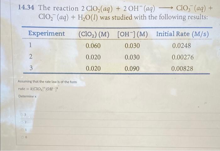 14 34 The Reaction 2 Clo Aq 2oh Aq 1 Cio3 Aq Clo Aq H O 1 Was Studied With The Following Results Experime 1