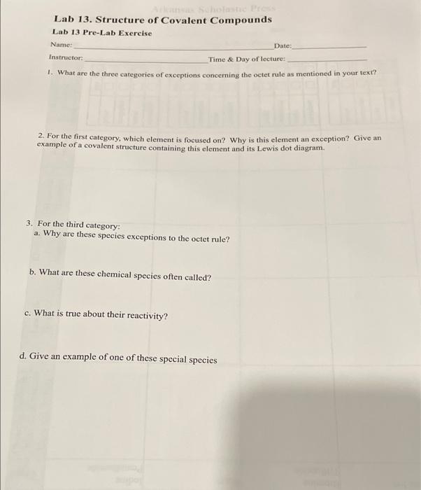 Lab 13 Structure Of Covalent Compounds Lab 13 Pre Lab Exercise Name Instructor Time Day Of Lecture 1 What Are The 1