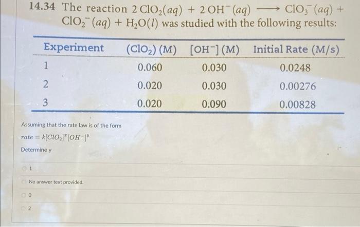 14 34 The Reaction 2 Clo Aq 2oh Aq Clo Aq Clo Aq H O 1 Was Studied With The Following Results Experim 1
