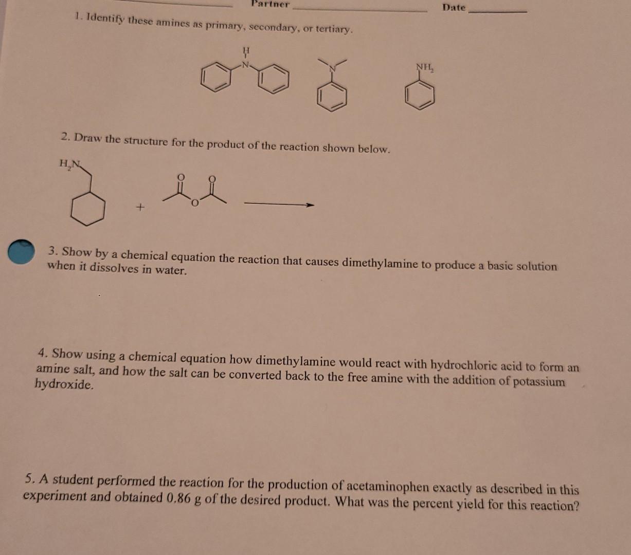 Partner 1 Identify These Amines As Primary Secondary Or Tertiary H 2 Draw The Structure For The Product Of The Reac 1