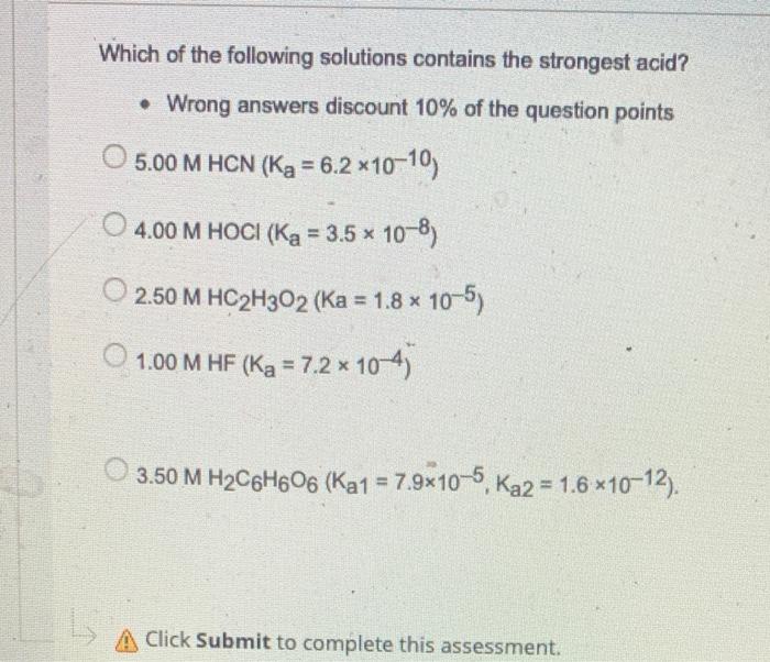 Which Of The Following Solutions Contains The Strongest Acid Wrong Answers Discount 10 Of The Question Points 5 00 M 1