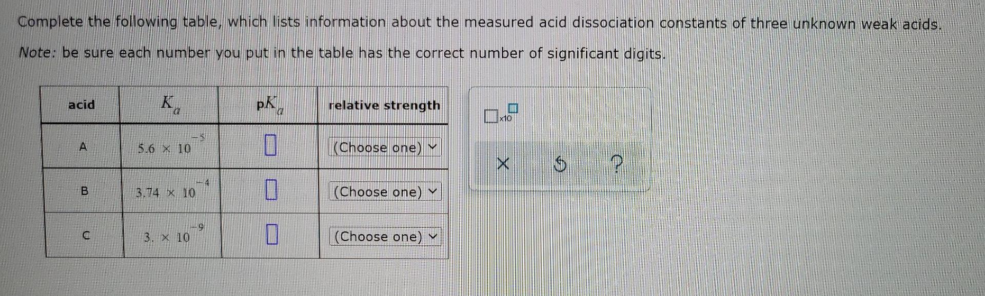 Complete The Following Table Which Lists Information About The Measured Acid Dissociation Constants Of Three Unknown We 1
