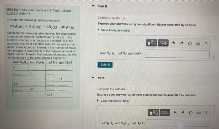 Missed This Read Section 4 3 Page Watch Kcv 43 Iwe 44 Consider The Following Balanced Equation 2n H4 G N O G 3
