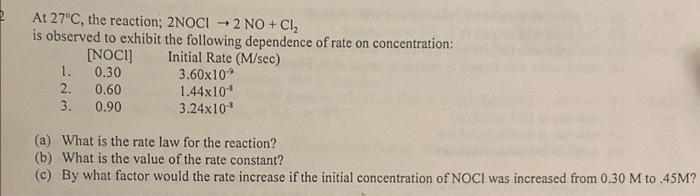 At 27 C The Reaction 2noci 2 No Cl Is Observed To Exhibit The Following Dependence Of Rate On Concentration Noci 2