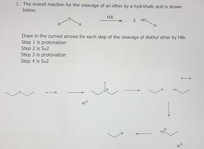 1 The Overall Reaction For The Cleavage Of An Ether By A Hydrohalic Acid Is Shown Below Hx H Br Draw In The Curved Arr 1