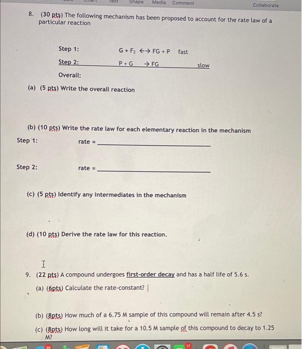 Text Shape Media Comment 8 30 Pts The Following Mechanism Has Been Proposed To Account For The Rate Law Of A Particul 1