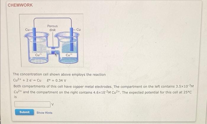 Chemwork Cu Cu Porous Disk Cu Submit Show Hints Cu The Concentration Cell Shown Above Employs The Reaction Cu2 2 E C 1