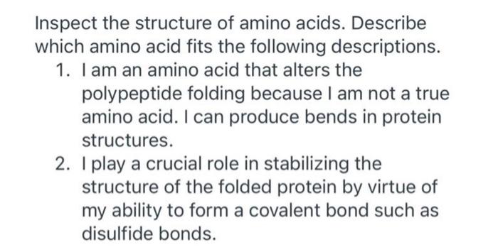Inspect The Structure Of Amino Acids Describe Which Amino Acid Fits The Following Descriptions 1 I Am An Amino Acid T 1
