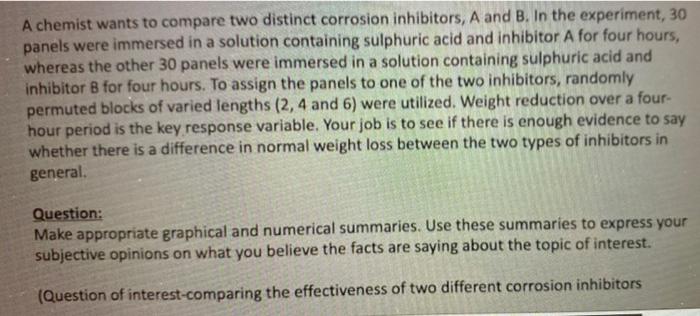 A Chemist Wants To Compare Two Distinct Corrosion Inhibitors A And B In The Experiment 30 Panels Were Immersed In A S 1