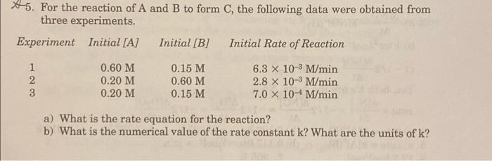 5 For The Reaction Of A And B To Form C The Following Data Were Obtained From Three Experiments Experiment Initial A 1