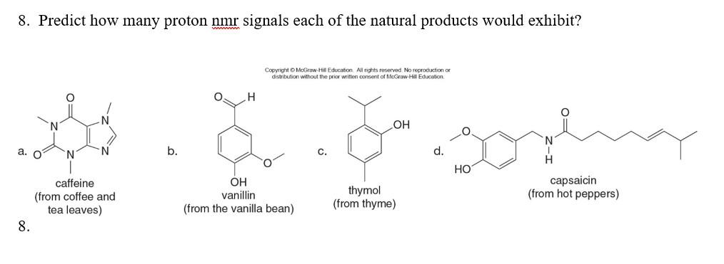 8 Predict How Many Proton Nmr Signals Each Of The Natural Products Would Exhibit A 8 O N N Caffeine From Coffee And 1