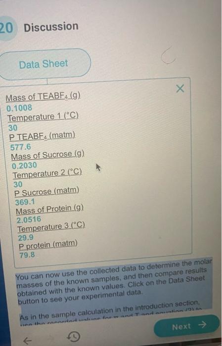 20 Discussion Data Sheet Mass Of Teabf4 G 0 1008 Temperature 1 C 30 P Teabf Matm 577 6 Mass Of Sucrose G 0 2030 1