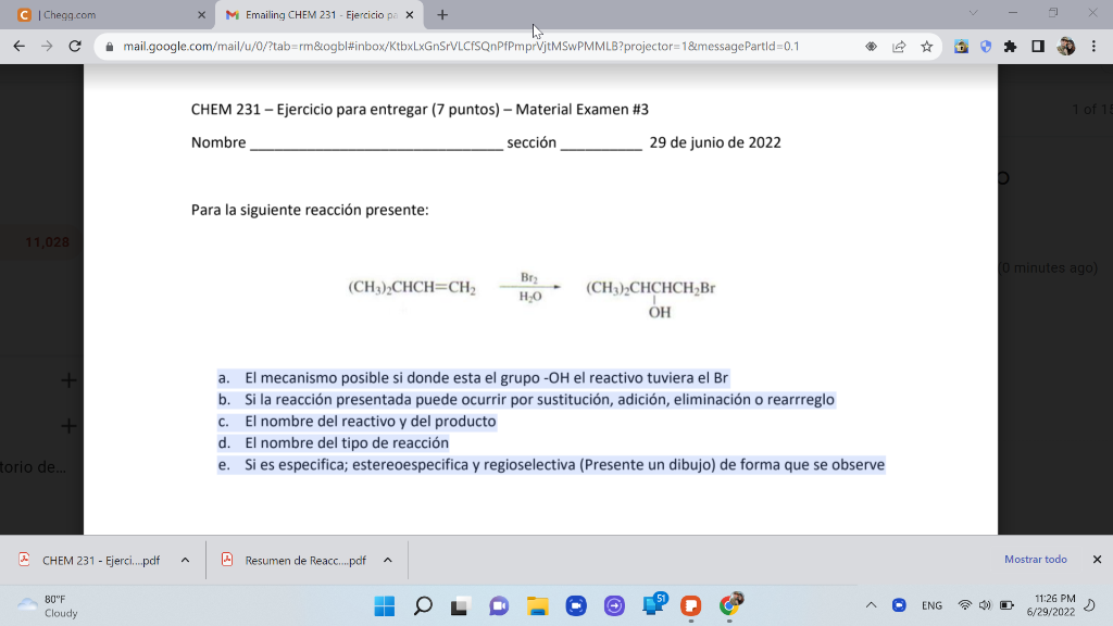 C Chegg Com C 11 028 Torio De Chem 231 Ejerci Pdf 80 F Cloudy X M Emailing Chem 231 Ejercicio Pa X Mail 1