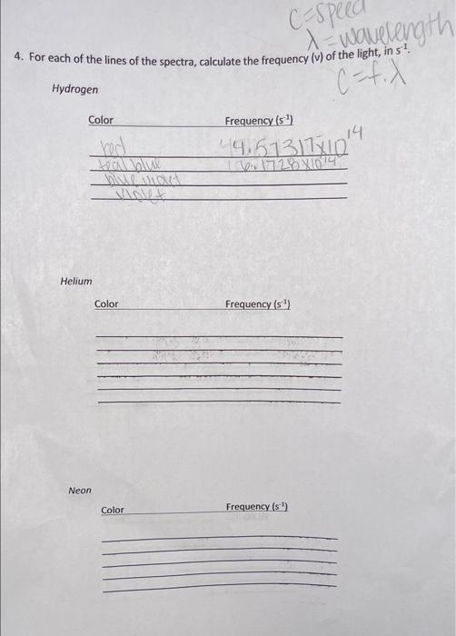 4 For Each Of The Lines Of The Spectra Calculate The Frequency V Of The Light In S C X Hydrogen Color Helium Ne 1