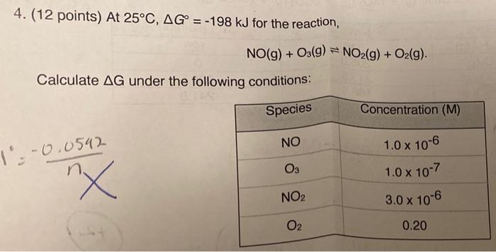 4 12 Points At 25 C Ag 198 Kj For The Reaction Calculate Ag Under The Following Conditions Species 1 0 0592 N 1