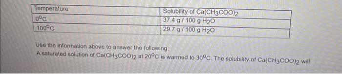 Temperature 0 C 100 C Solubility Of Ca Ch3coo 2 37 4 G 100 G H O 29 7 G 100 G H O Use The Information Above To Answer Th 1