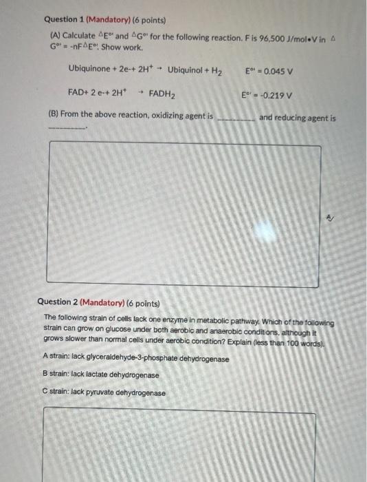 Question 1 Mandatory 6 Points A Calculate Ae And Ag For The Following Reaction F Is 96 500 J Mol Vin A G Nfae Sho 1