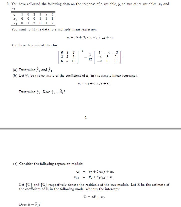 3 You Have Collected The Following Data On The Response Of A Variable Y To Two Other Variables 21 And 22 5 1 0 1 Y 1