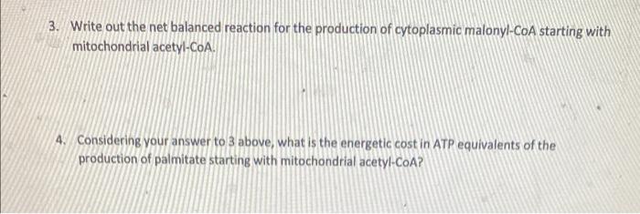 3 Write Out The Net Balanced Reaction For The Production Of Cytoplasmic Malonyl Coa Starting With Mitochondrial Acetyl 1