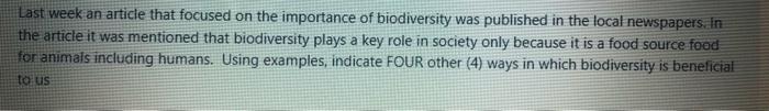 Last Week An Article That Focused On The Importance Of Biodiversity Was Published In The Local Newspapers In The Articl 1