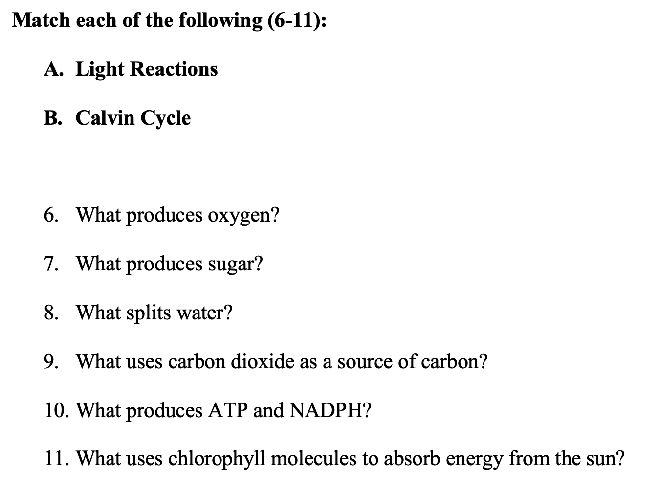 Match Each Of The Following 6 11 A Light Reactions B Calvin Cycle 6 What Produces Oxygen 7 What Produces Sugar 1