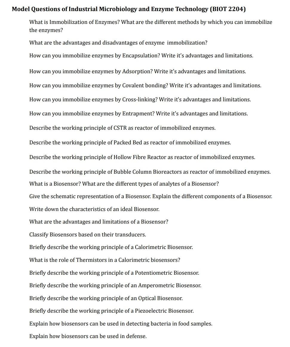 Model Questions Of Industrial Microbiology And Enzyme Technology Biot 2204 What Is Immobilization Of Enzymes What Are 1