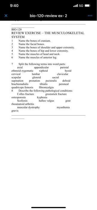 9 40 1 2 3 4 5 6 Bio 120 Review Ex 2 Bio 120 Review Exercise The Musculoskeletal System 7 Name The Bones Of Cranium N 1