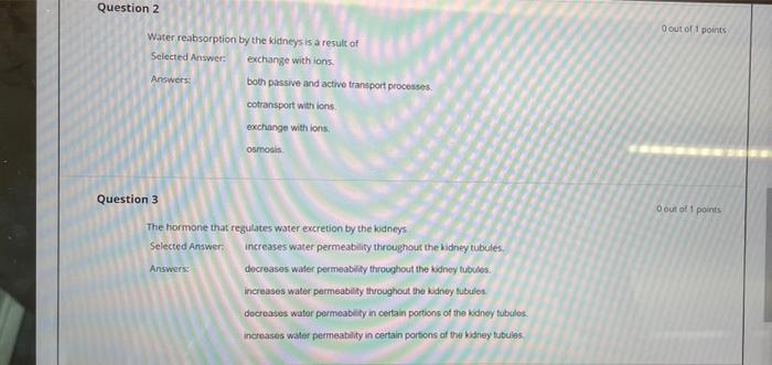 Question 2 Water Reabsorption By The Kidneys Is A Result Of Selected Answer Exchange With Ions Answers Question 3 Both 1
