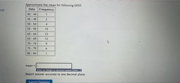 Dok Approximate The Mean For Following Gfdt Data Frequency 40 44 1 45 49 50 54 55 59 60 64 65 69 70 74 75 79 80 84 Mean 1