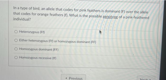 In A Type Of Bird An Allele That Codes For Pink Feathers Is Dominant F Over The Allele That Codes For Orange Feathers 1