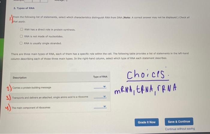 2 Types Of Rna From The Following List Of Statements Select Which Characteristics Distinguish Rna From Dna Note A C 1