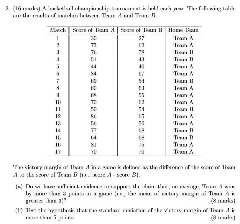 3 16 Marks A Basketball Championship Tournament Is Held Each Year The Following Table Are The Results Of Matches Bet 1