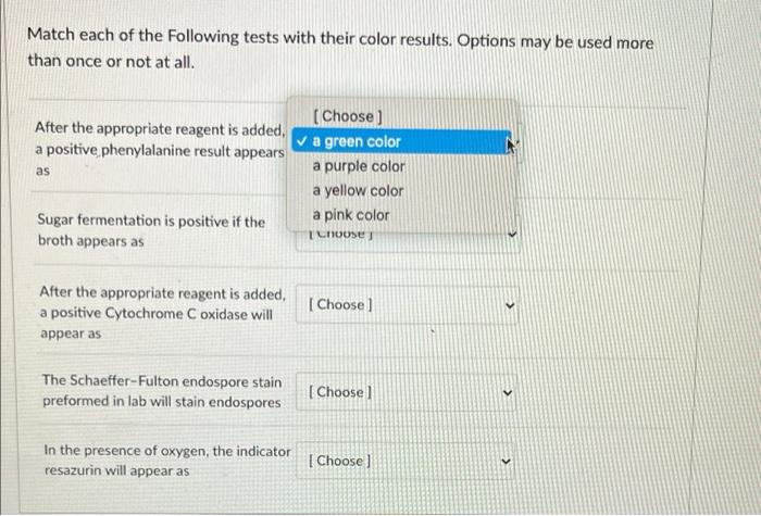 Match Each Of The Following Tests With Their Color Results Options May Be Used More Than Once Or Not At All After The 1