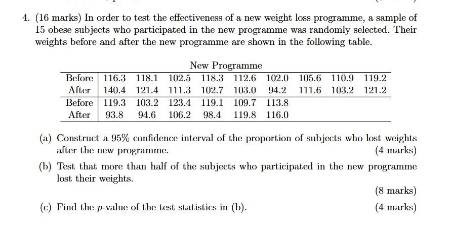 A 4 16 Marks In Order To Test The Effectiveness Of A New Weight Loss Programme A Sample Of 15 Obese Subjects Who Par 1
