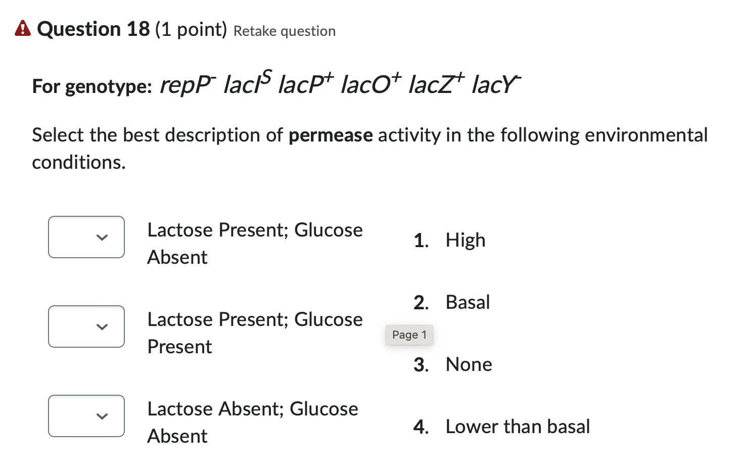 A Question 18 1 Point Retake Question For Genotype Repp Lacis Lacp Laco Lacz Lacy Select The Best Description Of P 1