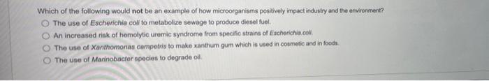 Which Of The Following Would Not Be An Example Of How Microorganisms Positively Impact Industry And The Environment O T 1