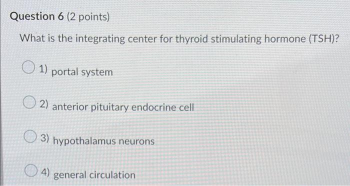 Question 6 2 Points What Is The Integrating Center For Thyroid Stimulating Hormone Tsh 1 Portal System 2 Anterior 1