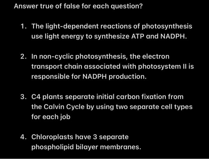 Answer True Of False For Each Question 1 The Light Dependent Reactions Of Photosynthesis Use Light Energy To Synthesiz 1
